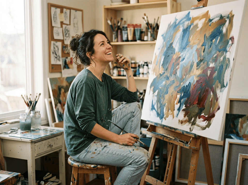 Artist holding a paintbrush beside a colorful abstract painting