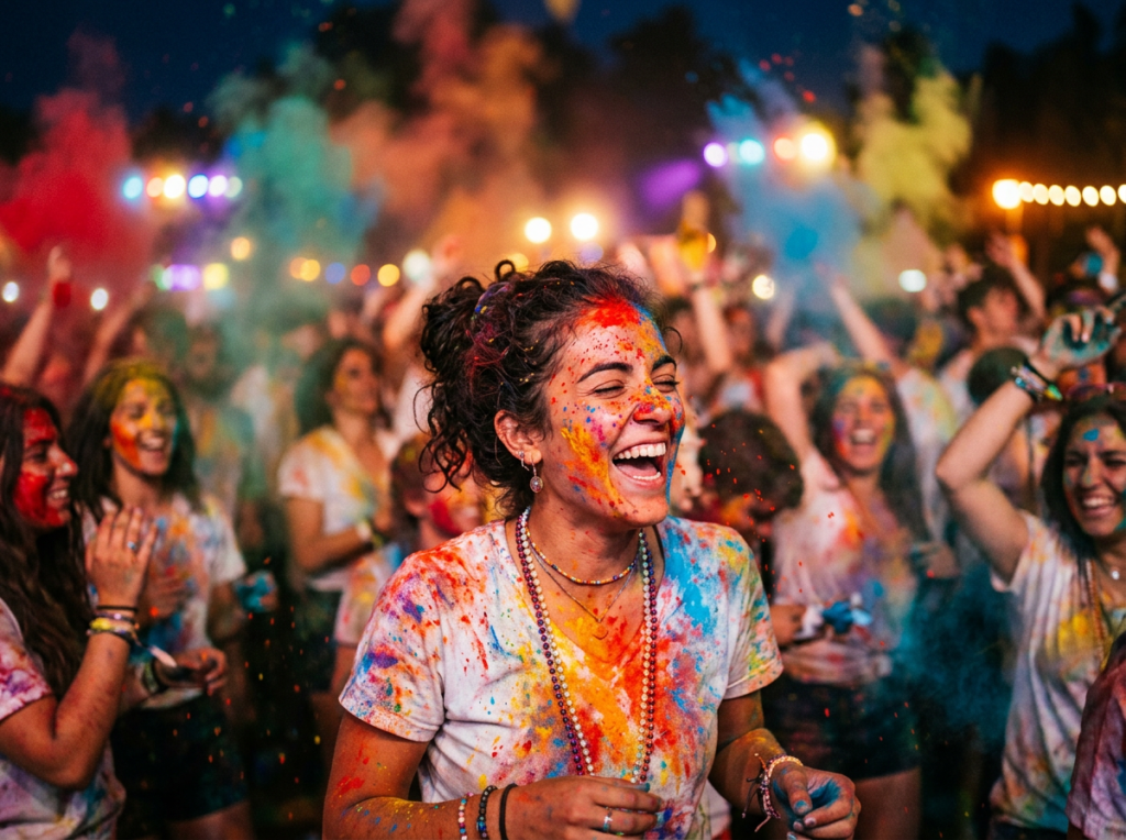 Laughing woman covered in colorful powder at a Holi celebration