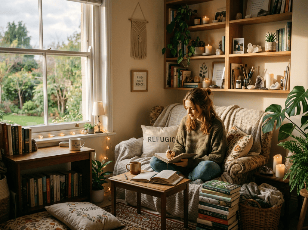 Woman journaling on a couch in a cozy, book-filled reading nook