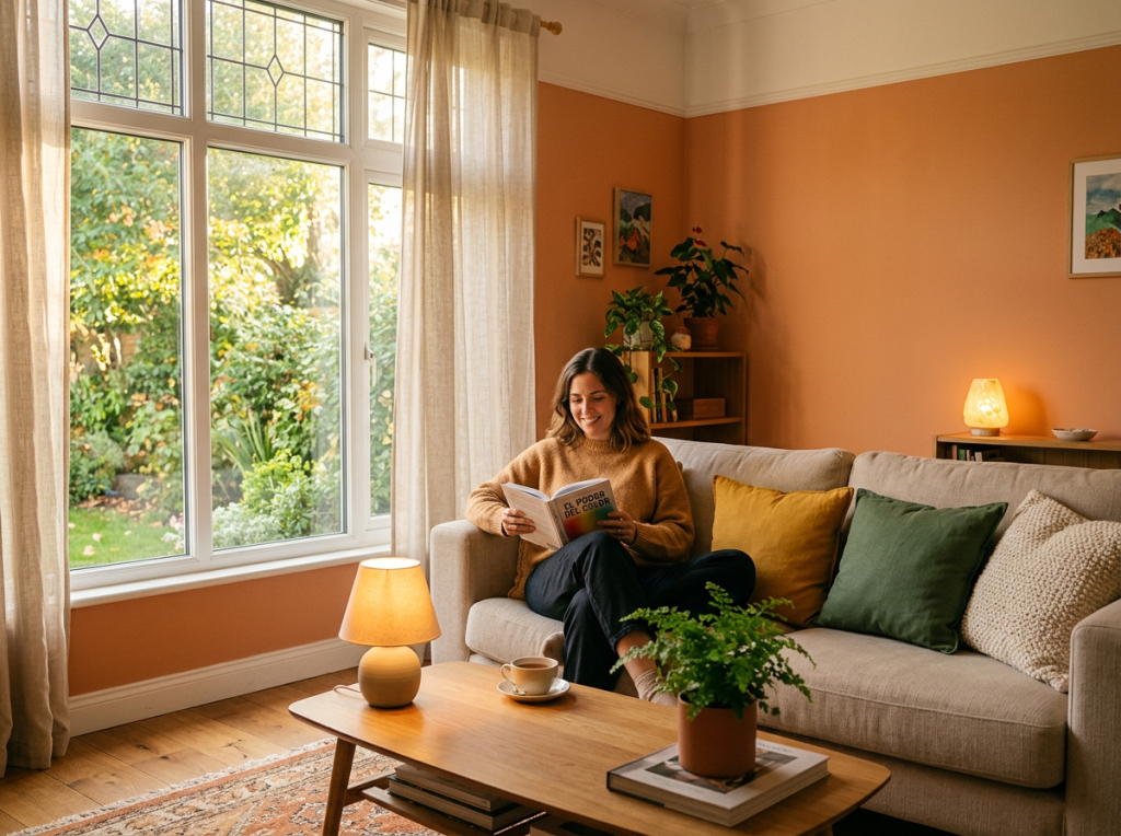 Woman reading a book on a sofa in a warmly lit living room