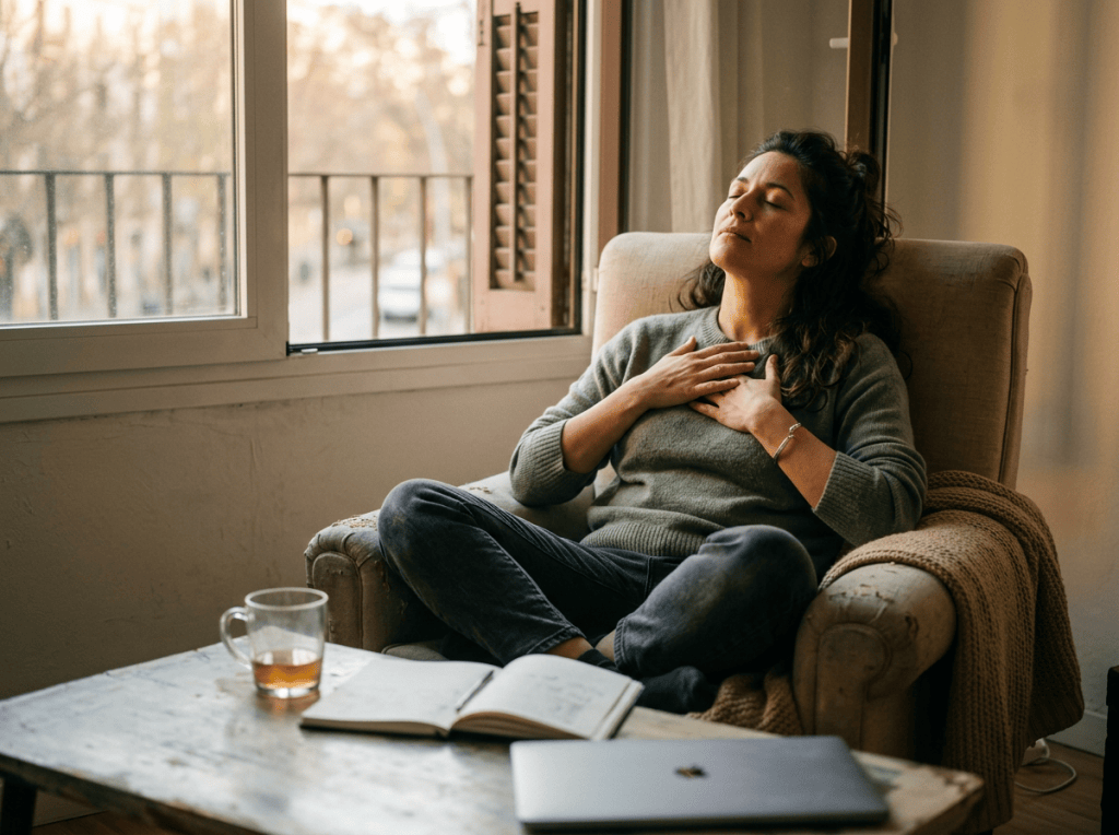 Woman relaxing in an armchair beside a window with hands over her heart