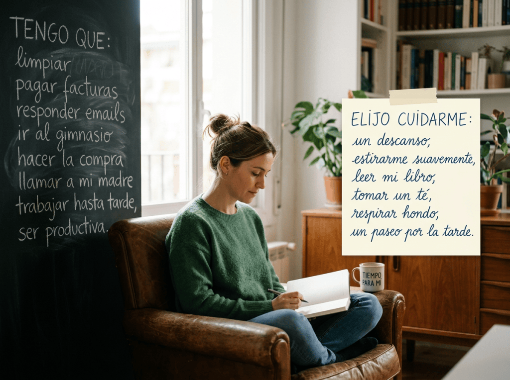 Woman journaling beside Spanish lists: “TENGO QUE: limpiar, pagar facturas, responder emails, ir al gimnasio, hacer la compra, llamar a mi madre, trabajar hasta tarde, ser productiva” and “ELIJO CUIDARME: un descanso, estirarme suavemente, leer mi libro, tomar un té, respirar hondo, un paseo por la tarde”; mug reads “TIEMPO PARA MI.”