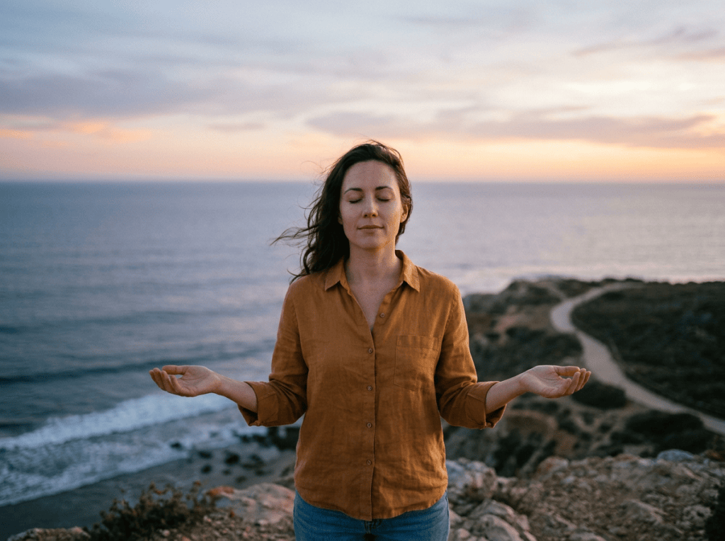 Woman meditating with outstretched hands beside the ocean at sunset