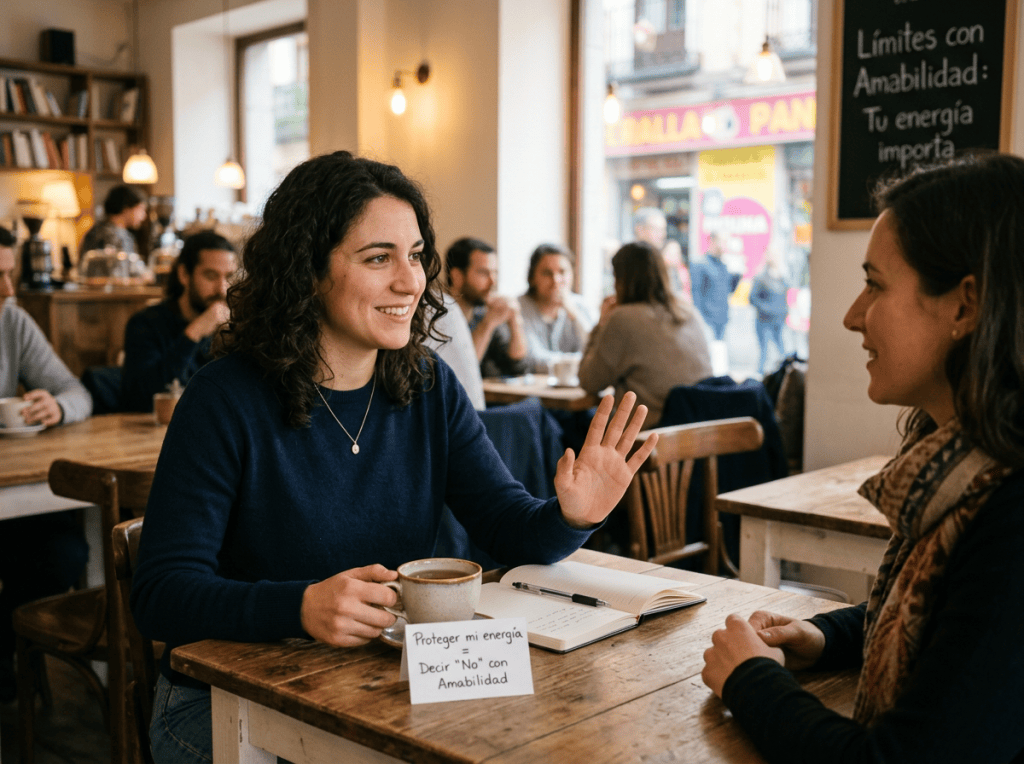 Two women conversing over coffee; signs read “Límites con Amabilidad: Tu energía importa” and “Proteger mi energía. Decir ‘No’ con Amabilidad.”