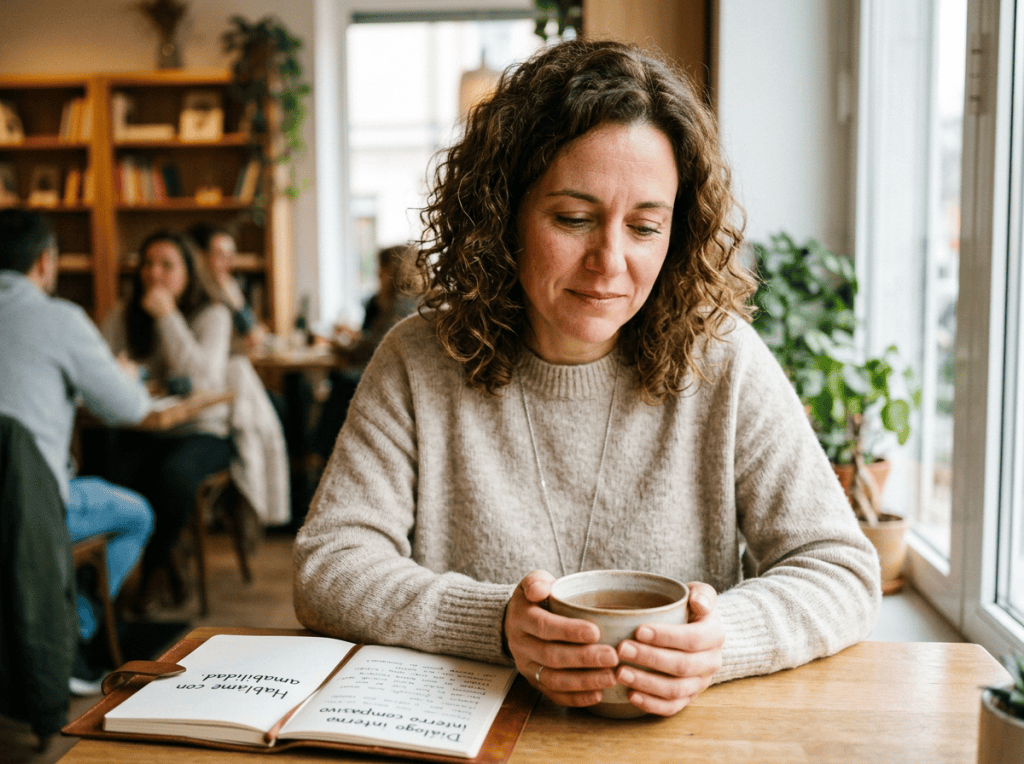 Woman holding coffee beside an open book in a bright café