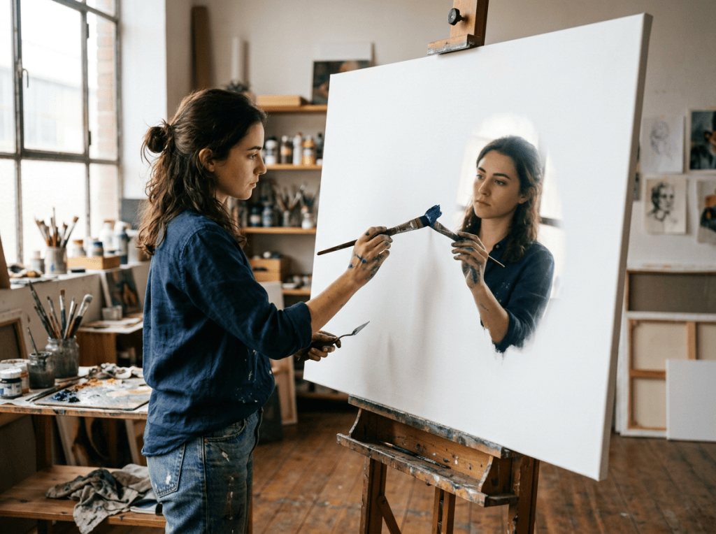 Artist painting a self-portrait while studying her reflection on canvas
