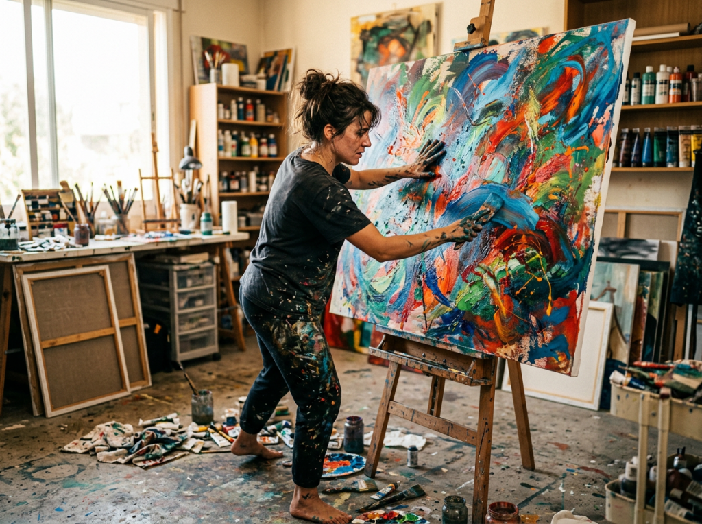 Artist applying paint to a large colorful abstract canvas in a studio