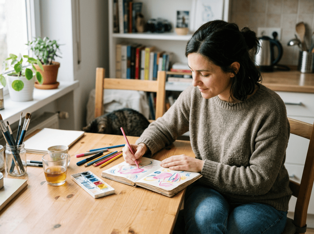 Woman painting colorful watercolor sketches at a kitchen table