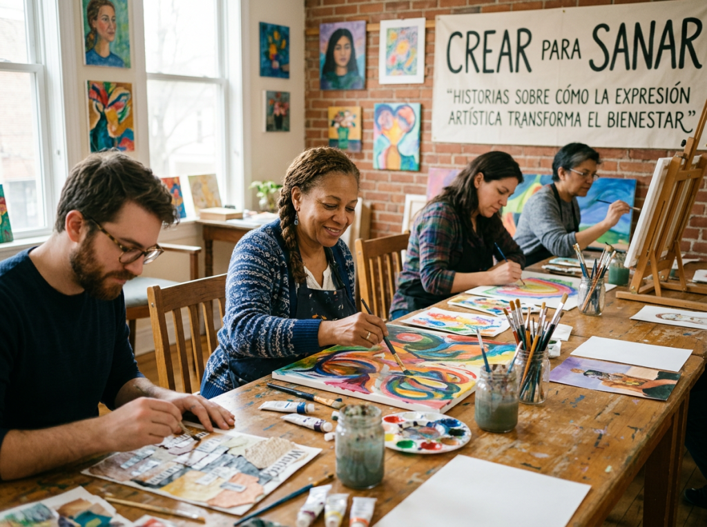 Art workshop with banner reading “CREAR PARA SANAR” and “HISTORIAS SOBRE CÓMO LA EXPRESIÓN ARTÍSTICA TRANSFORMA EL BIENESTAR”