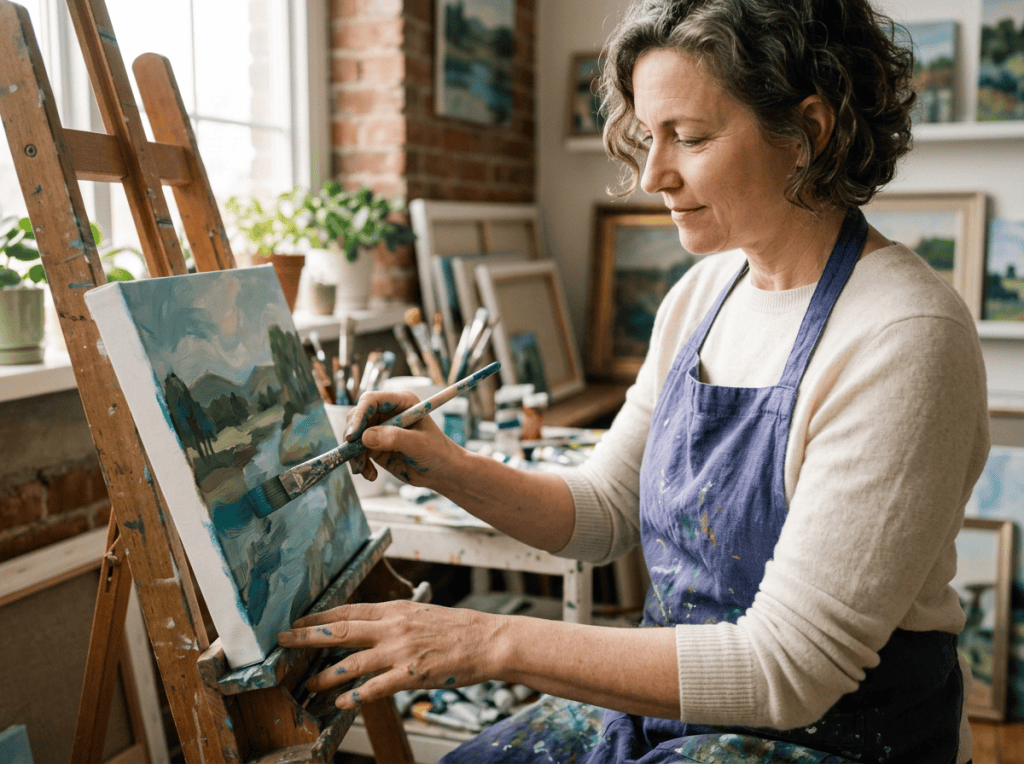 Artist painting a landscape on canvas in a bright studio