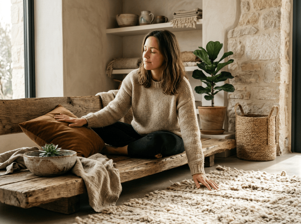 Woman meditating cross-legged on a wooden platform in a sunlit living room
