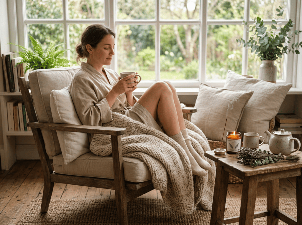 Woman drinking tea in an armchair beside sunlit garden windows