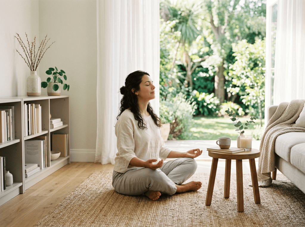 Woman meditating cross-legged on a rug in a sunlit living room