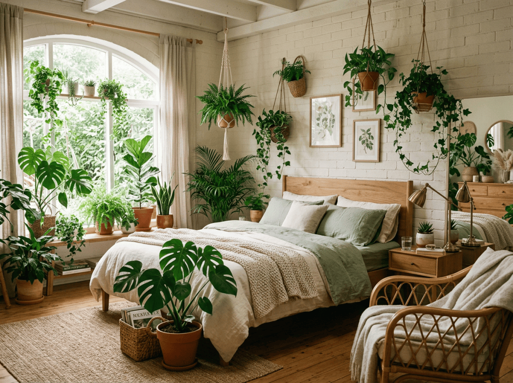 Cozy bedroom filled with houseplants, natural light, and green bedding