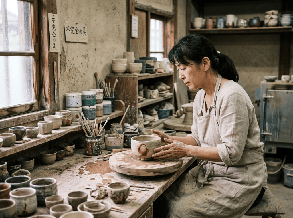 Ceramic artist shaping a bowl in a pottery studio