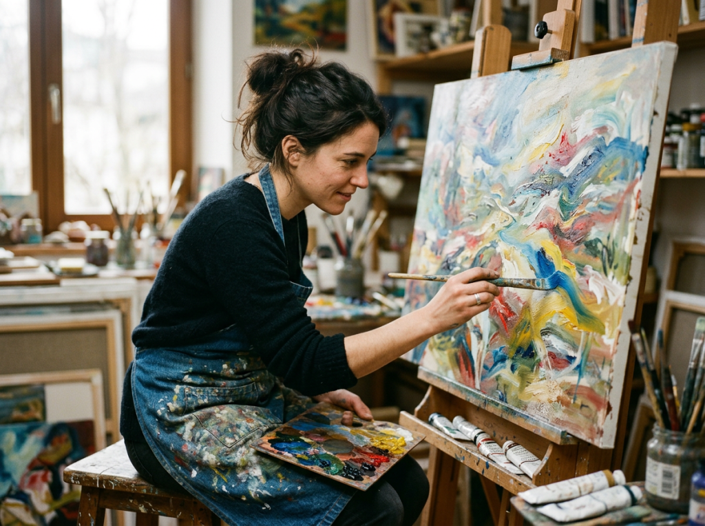 Artist painting a colorful abstract canvas at an easel