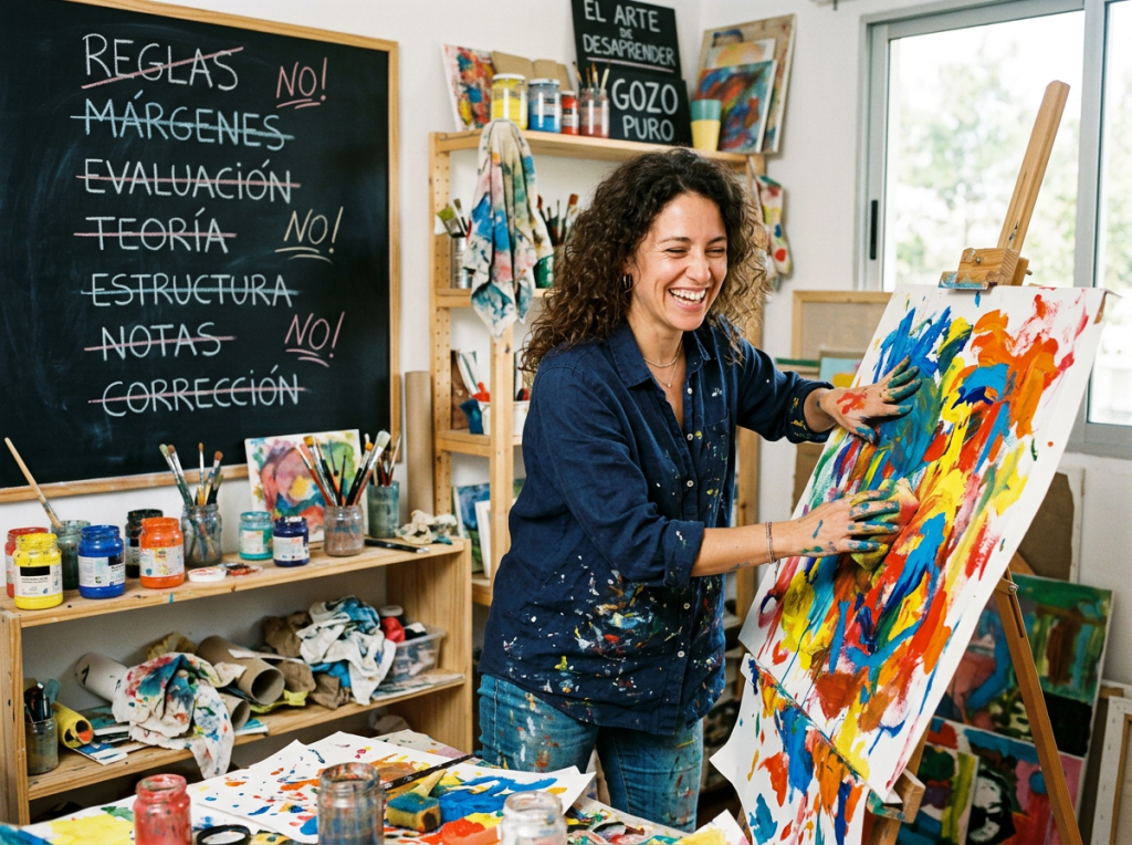Artist laughing while painting a colorful abstract canvas in a studio