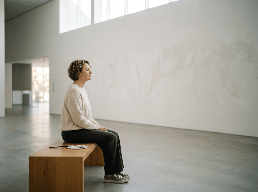 Artist seated beside a palette facing a large unfinished canvas