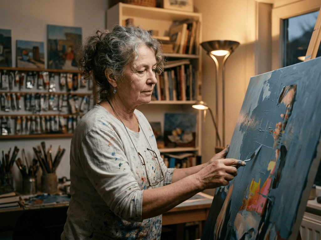 Artist applying paint to a colorful canvas in a home studio