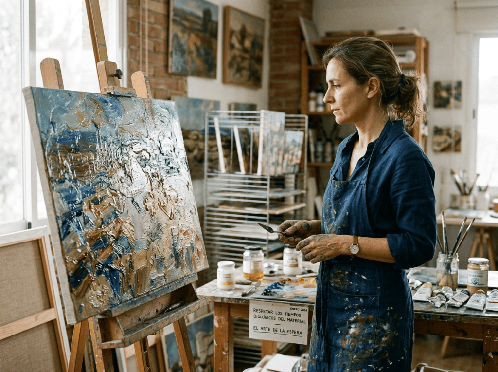 Artist beside abstract painting; sign reads “RESPETAR LOS TIEMPOS BIOLÓGICOS DEL MATERIAL” and “EL ARTE DE LA ESPERA.”