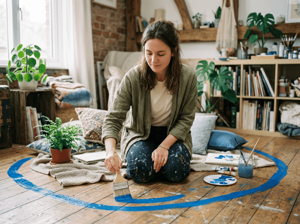 Woman painting a blue circle on a wooden studio floor