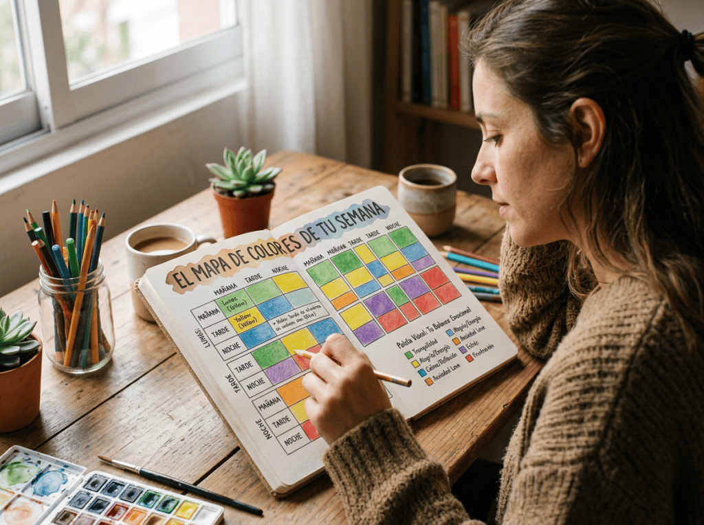 Woman coloring a Spanish chart titled “El mapa de colores de tu semana”