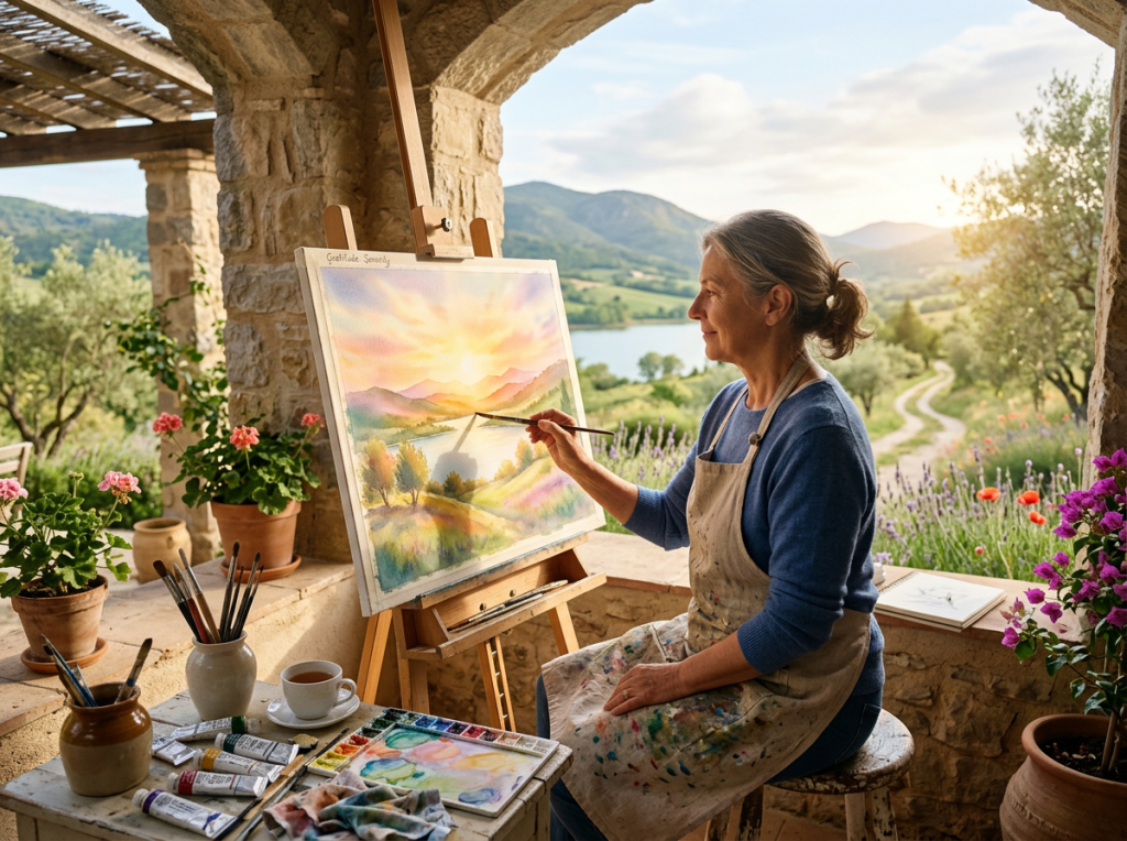Artist painting a mountain landscape in watercolor from a stone terrace