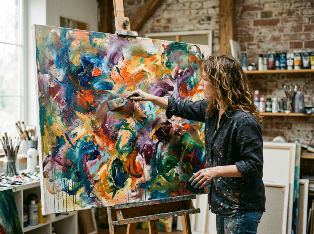 Artist painting a colorful abstract canvas in a studio