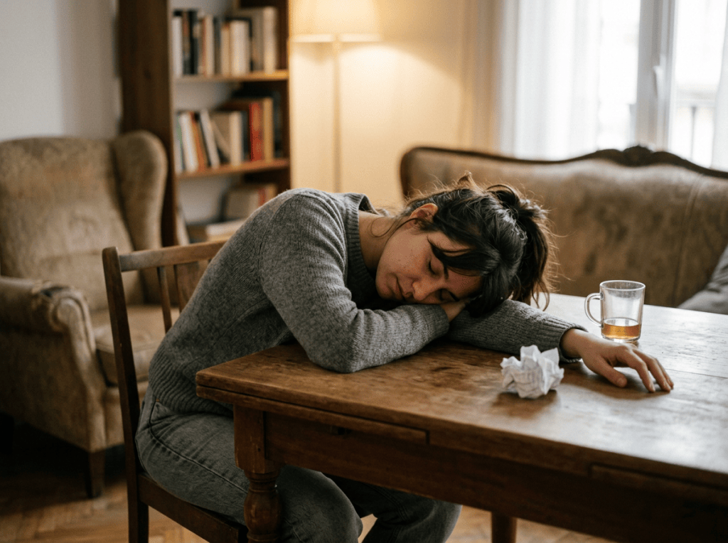 Tired woman sleeping at a wooden table beside tea and tissue