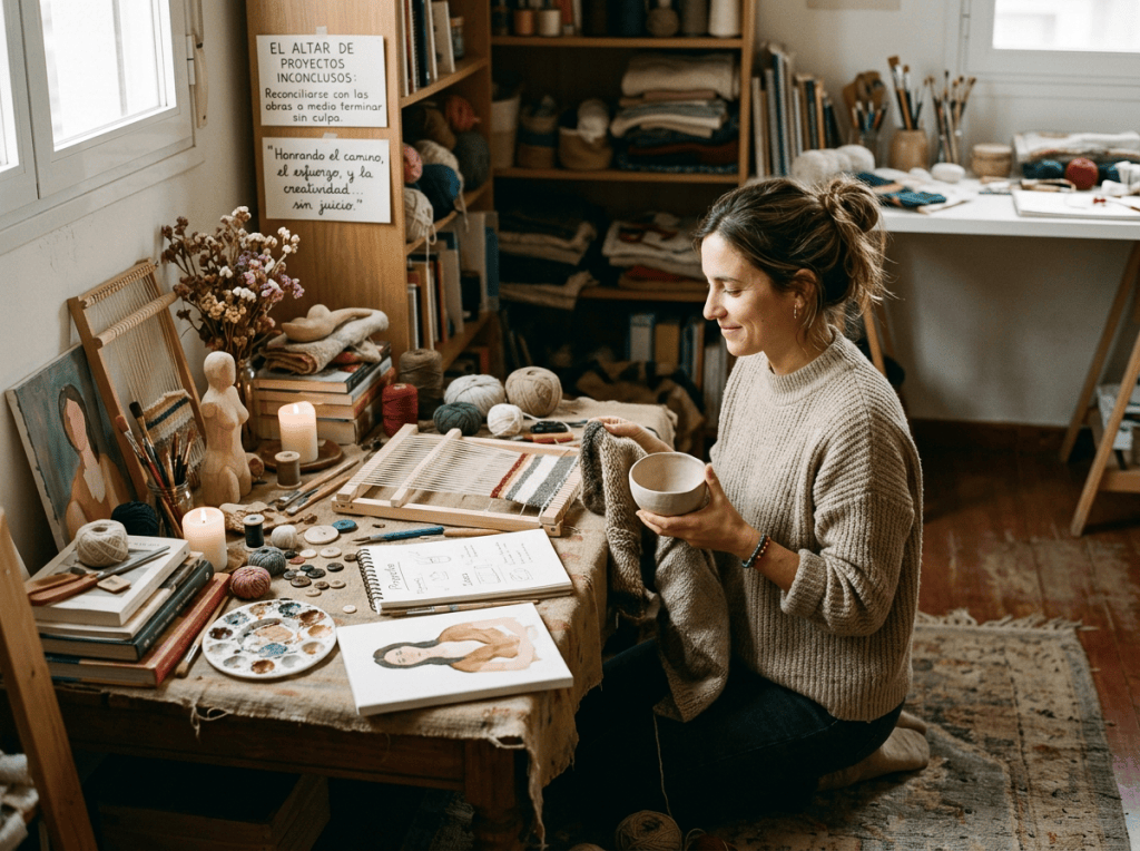 Woman holding a knitted piece and cup beside a loom; signs read “EL ALTAR DE PROYECTOS INCONCLUSOS: Reconciliarse con las obras a medio terminar sin culpa.” and “Honrando el camino, el esfuerzo, y la creatividad... sin juicio.”