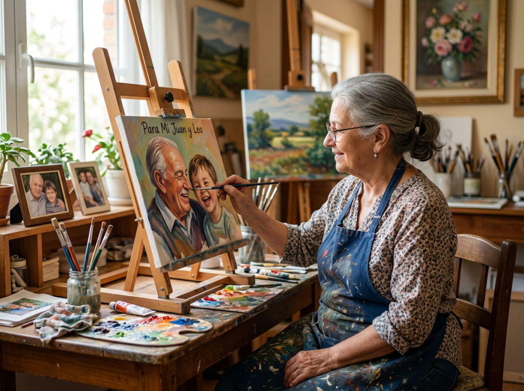 Older woman painting a grandfather and child portrait labeled "Para Mt Juan y Leo"