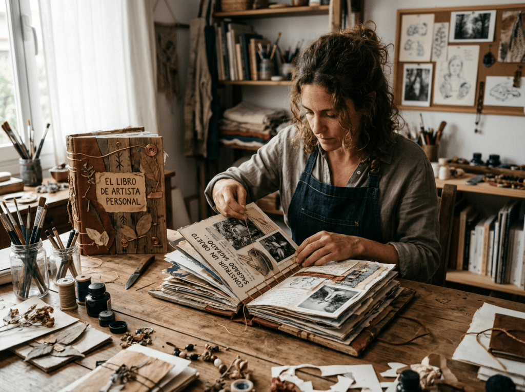 Artist assembling a handmade book labeled “EL LIBRO DE ARTISTA PERSONAL”